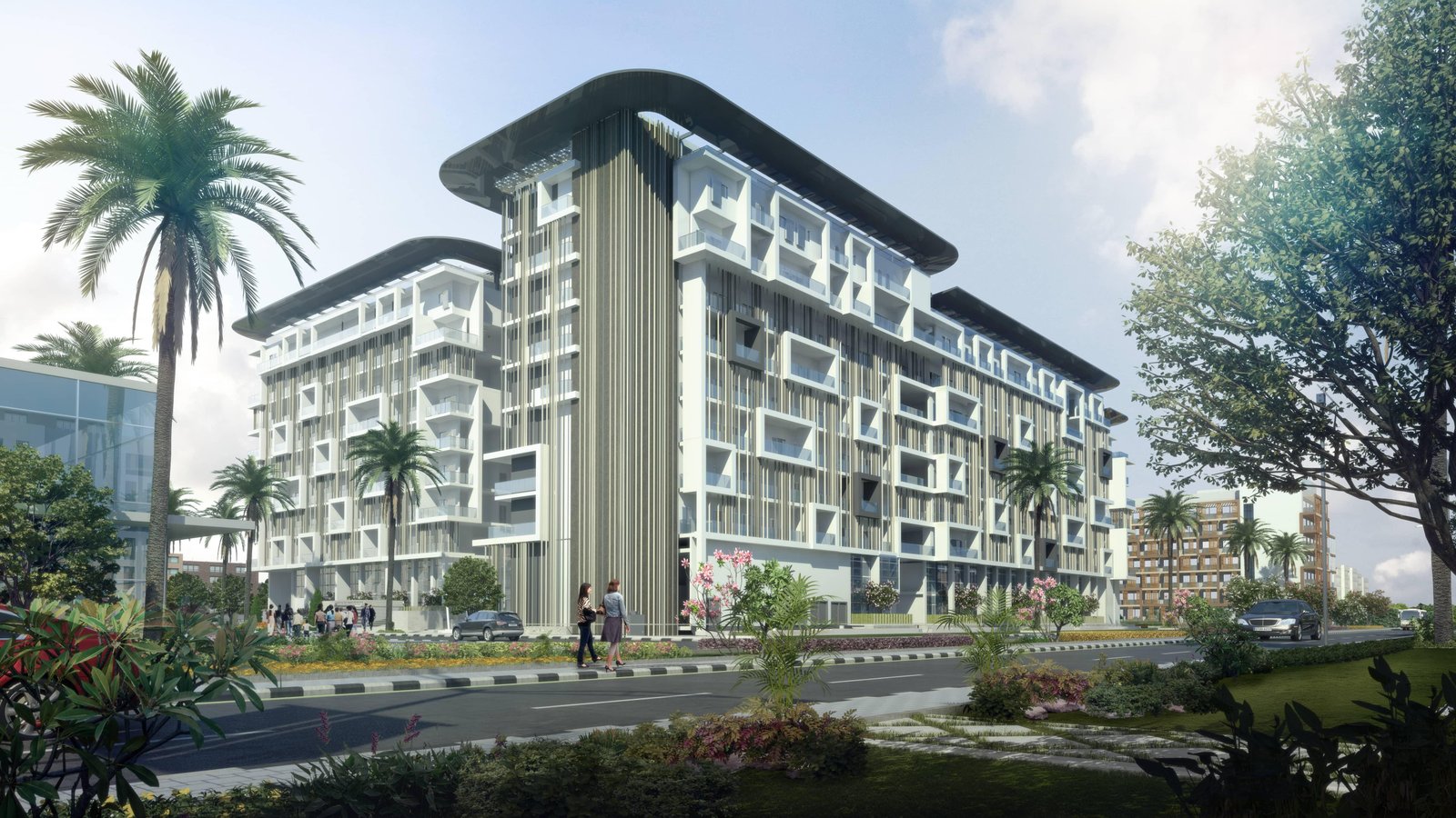 Exterior perspective of Masdar Oasis Residences Abu Dhabi highlighting eco-conscious architecture, cantilevered roofing, and premium residential design